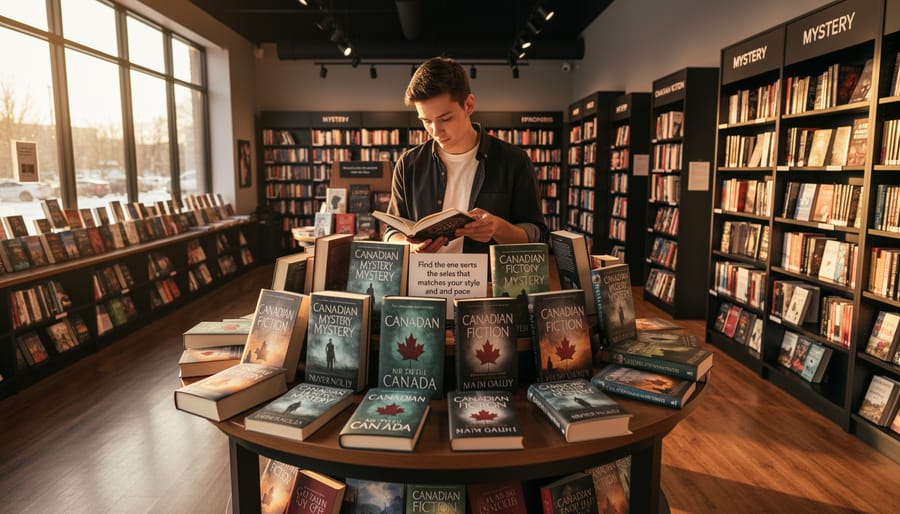 Open mystery novel with reading glasses on library table