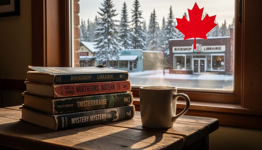 Stack of mystery novels on wooden table with Canadian wilderness visible through window