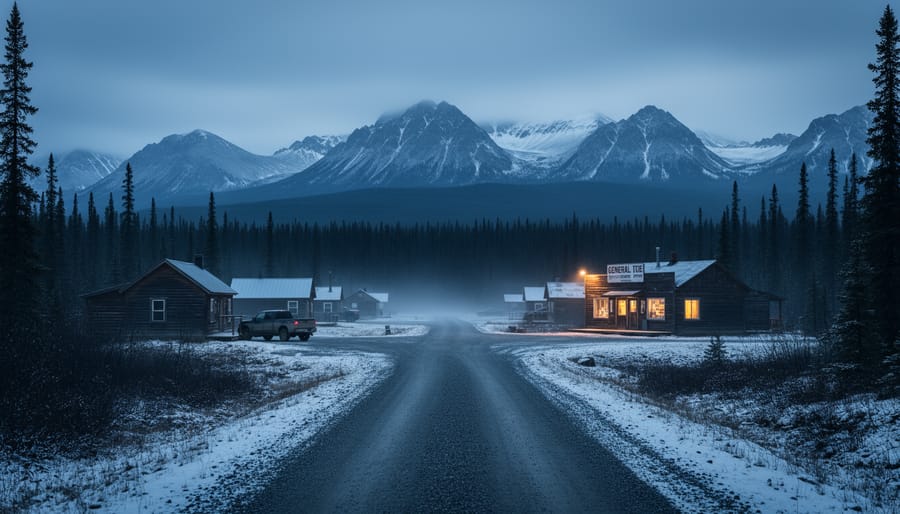 Isolated cabin in remote Canadian wilderness surrounded by forest and mountains