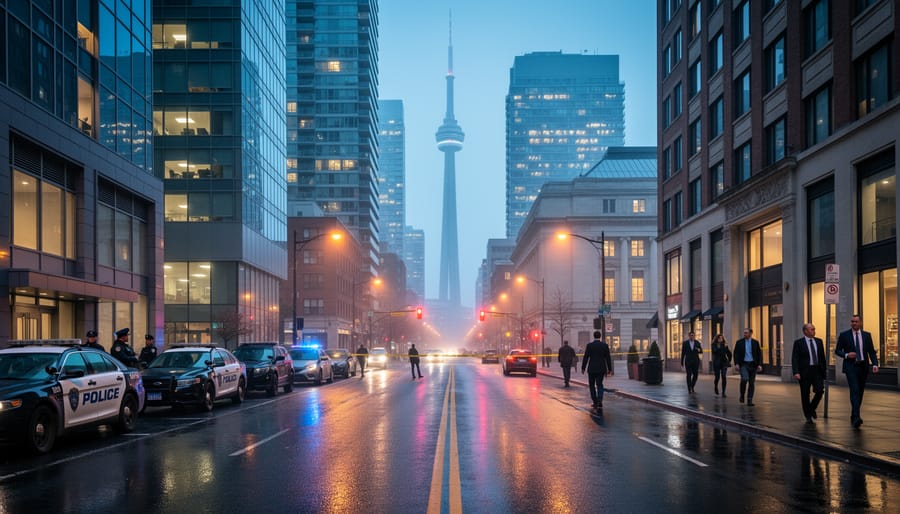 Toronto city street showing Old City Hall architecture during golden hour
